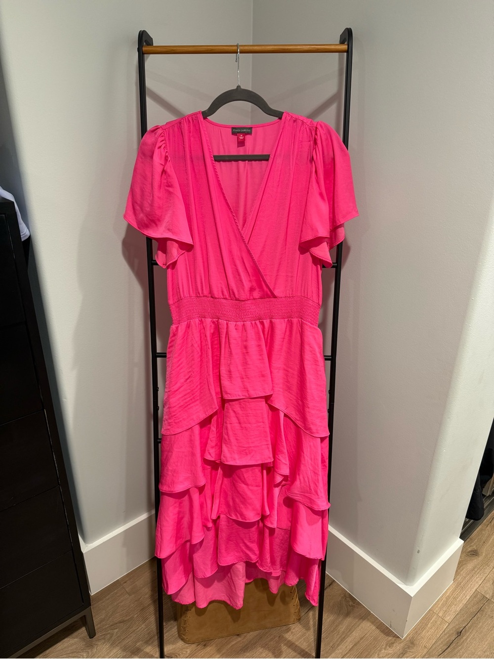 Vince Camuto Hot Pink Tiered V-Neck Ruffle Dress
